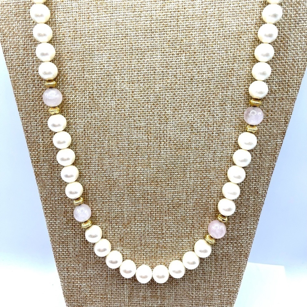 Vintage Napier Pearl Necklace Genuine Pink Rose Quartz, Vintage Napier 24”